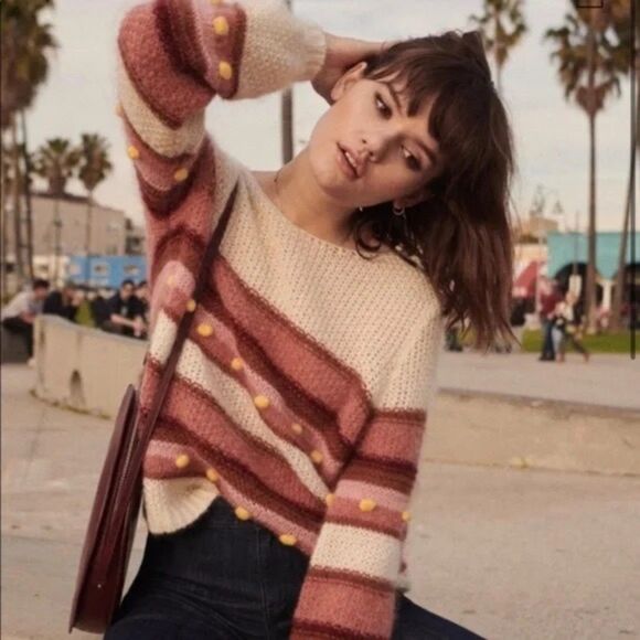 EUC Sezane Penelope Pom Pom Mohair Merino Wool Blend Sweater in Cream & Pink S - Picture 2 of 12